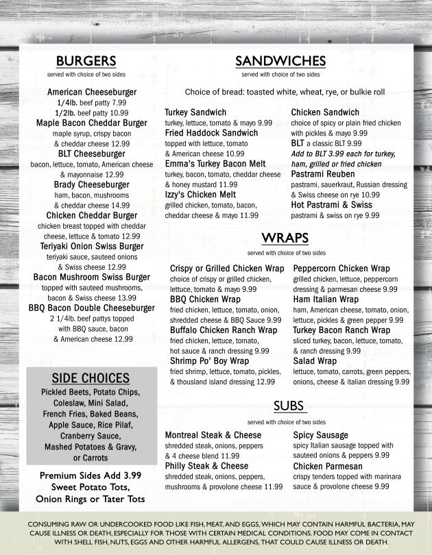 Gridiron Restaurant & Sports Pub Burger, Sandwich, Wrap and Sub Menu. Full menu available daily from 11am to 9pm for dine-in and take out. Featured items: BLT Cheeseburger, Maple Bacon Cheddar Burger, Shrimp Po' Boy Wrap, Fried Haddock Sandwich, and Philly Steak & Cheese Sub.